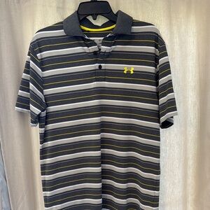 Under Armour Black and Gray Polo Shirt Striped Design M Loose Golf